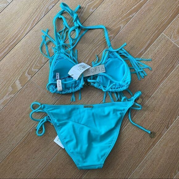 SOFIA By Vix-Teal Fringe Top and Side Tie Bottoms Bikini (Size:Small) - Picture 5 of 15